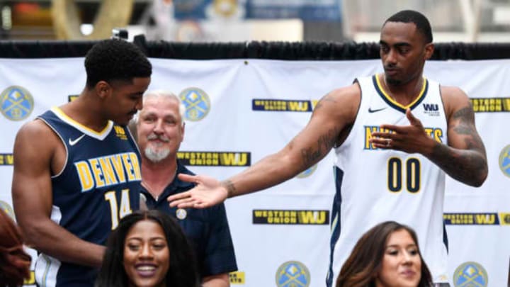 DENVER, CO – AUGUST 8: Denver Nuggets Gary Harris (14) and Darrell Arthur (00) unveil their new team jersey on August 8, 2017 during a pep rally in Denver, Colorado the DCPA. (Photo by John Leyba/The Denver Post via Getty Images)