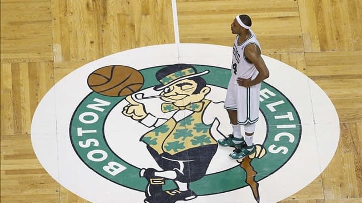 May 3, 2013; Boston, MA, USA; Boston Celtics small forward Paul Pierce (34) during the second quarter in game six of the first round of the 2013 NBA Playoffs against the New York Knicks at TD Garden. Mandatory Credit: Greg M. Cooper-USA TODAY Sports