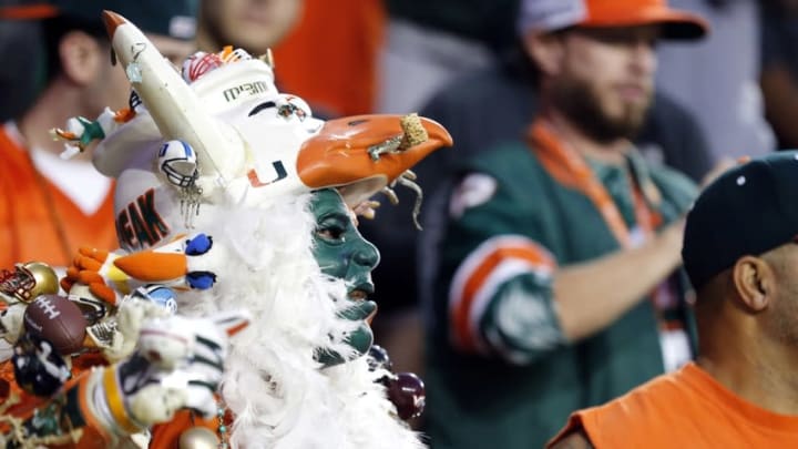 Oct 1, 2015; Cincinnati, OH, USA; A Miami Hurricanes fan shows support from the stands against the Cincinnati Bearcats at Nippert Stadium. Mandatory Credit: Aaron Doster-USA TODAY Sports