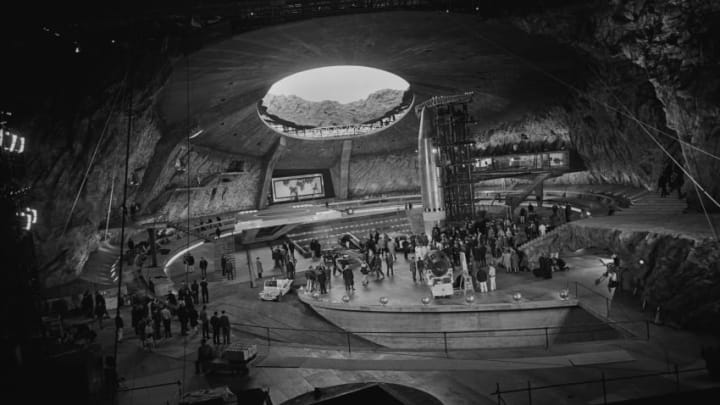 The massive purpose-built set of SPECTRE's extinct volcano headquarters, designed by Ken Adam for the new James Bond film, 'You Only Live Twice', at Pinewood Studios, Buckinghamshire, 28th October 1966. (Photo by Larry Ellis/Express/Getty Images)