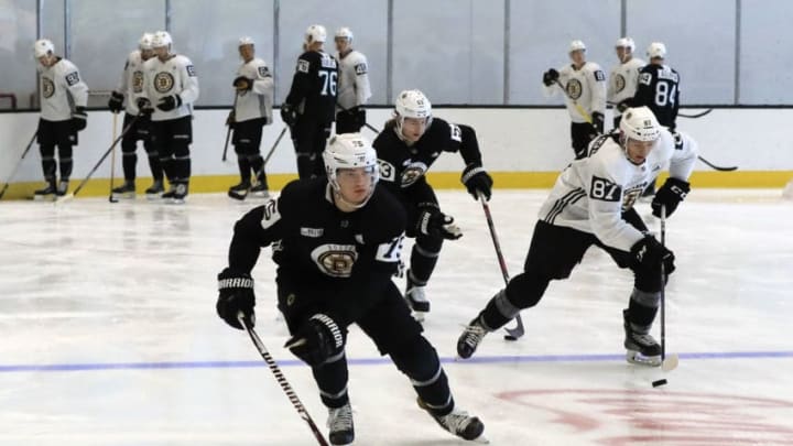 BOSTON, CA - JUNE 29: h75 and Boston Bruins defenseman Jeremy Lauzon (87) and Boston Bruins forward Jack Studnicka (53) during the Boston Bruins Development Camp on June 29, 2018, at Warrior Ice Arena in Boston, Massachusetts. (Photo by Fred Kfoury III/Icon Sportswire via Getty Images)