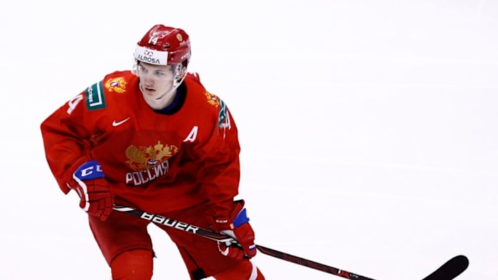 VANCOUVER , BC - JANUARY 5: Vitali Kravtsov #14 of Russia skates against Switzerland during a bronze medal game at the IIHF World Junior Championships at Rogers Arena on January 5, 2019 in Vancouver, British Columbia, Canada. (Photo by Kevin Light/Getty Images)