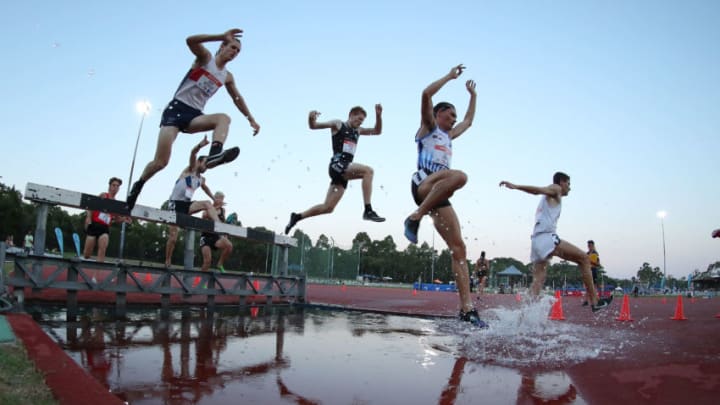 NEWCASTLE, AUSTRALIA - JANUARY 25: The water jump at the 3000 metre steeplechase during the 2019 Hunter Track Classic at Hunter Sports Centre on January 25, 2019 in Newcastle, Australia. (Photo by Tony Feder/Getty Images)