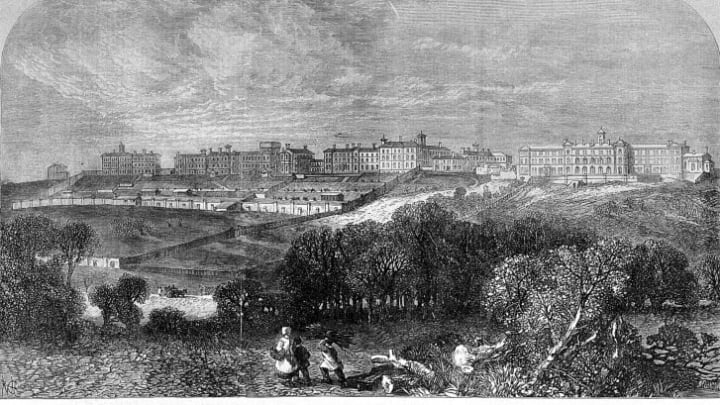 An 1867 illustration of the "Asylum for Criminal Lunatics, Broadmoor."