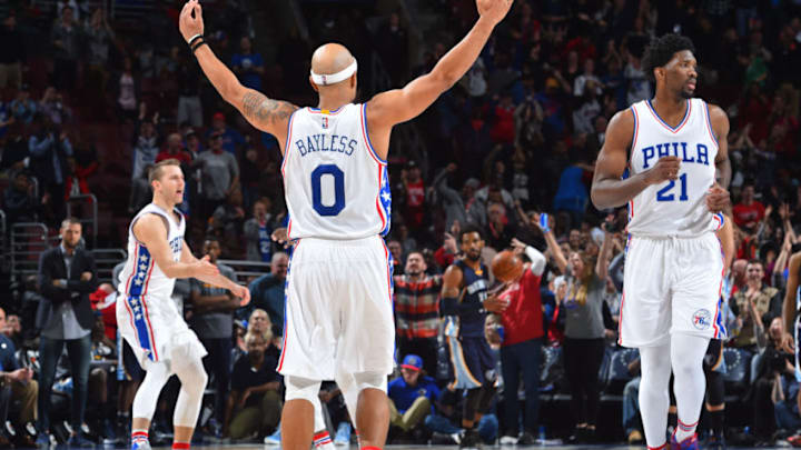 PHILADELPHIA,PA - NOVEMBER 23: Jerryd Bayless #0 of the Philadelphia 76ers gets the crowd pumped up against the Memphis Grizzlies at Wells Fargo Center on November 23, 2016 in Philadelphia, Pennsylvania NOTE TO USER: User expressly acknowledges and agrees that, by downloading and/or using this Photograph, user is consenting to the terms and conditions of the Getty Images License Agreement. Mandatory Copyright Notice: Copyright 2016 NBAE (Photo by Jesse D. Garrabrant/NBAE via Getty Images)