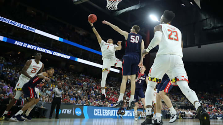 JACKSONVILLE, FLORIDA - MARCH 21: Anthony Cowan Jr. #1 of the Maryland Terrapins takes a shot against Seth Adelsperger #50 of the Belmont Bruins in the first half during the first round of the 2019 NCAA Men's Basketball Tournament at VyStar Jacksonville Veterans Memorial Arena on March 21, 2019 in Jacksonville, Florida. (Photo by Mike Ehrmann/Getty Images)