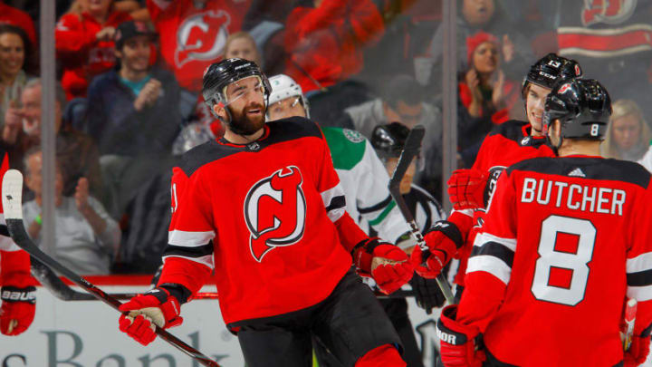 NEWARK, NJ - OCTOBER 16: Kyle Palmieri #21 of the New Jersey Devils celebrates his first period goal against the Dallas Stars with his teammates on October 16, 2018 at Prudential Center in Newark, New Jersey. (Photo by Jim McIsaac/Getty Images)