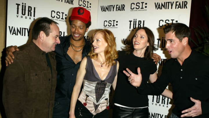 LAS VEGAS - DECEMBER 14: (L-R) Actors Paul Guilfoyle, Gary Dourdan, Marg Helgenberger, Jorja Fox and George Eads of CBS's CSI:Crime Scene Investigation arrive at a party thrown by Vanity Fair at the Bellagio Hotel to celebrate the show being number one in television on December 14, 2003 in Las Vegas. (Photo by Carlo Allegri/Getty Images)