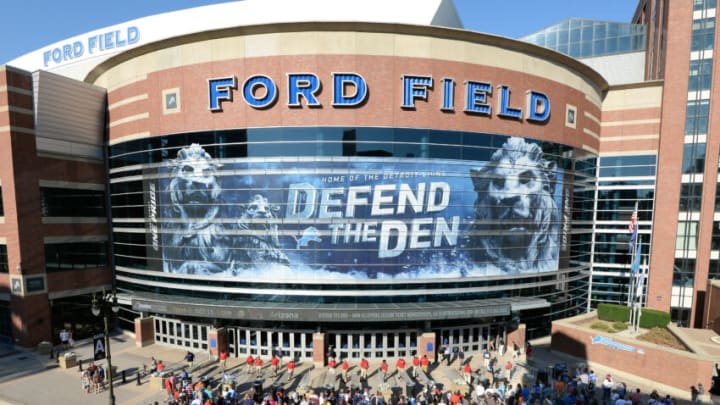 DETROIT, MI - SEPTEMBER 17: A general exterior view of Ford Field as fans wait to enter for the U.S. Women's 2015 World Cup Victory Tour match between the United States and Haiti at Ford Field on September 17, 2015 in Detroit, Michigan. The U.S. defeated Haiti 5-0. (Photo by Mark Cunningham/Getty Images)