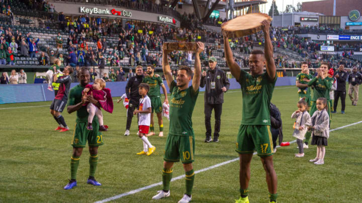 PORTLAND, OR - NOVEMBER 04: Portland Timbers striker Jeremy Ebobisse (17) and midfielder Sebastián Blanco receive their slab trophies for their goals after the Portland Timbers 2-1 on vicotory first leg of the MLS Western Conference Semifinals against the Seattle Sounders on November 04, 2018, at Providence Park in Portland, OR. (Photo by Diego Diaz/Icon Sportswire via Getty Images)