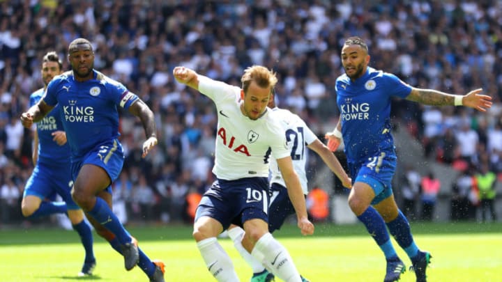 LONDON, ENGLAND - MAY 13: Harry Kane of Tottenham Hotspusr cores his sides first goal during the Premier League match between Tottenham Hotspur and Leicester City at Wembley Stadium on May 13, 2018 in London, England. (Photo by Warren Little/Getty Images)