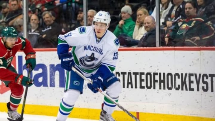 Dec 15, 2015; Saint Paul, MN, USA; Vancouver Canucks forward Bo Horvat (53) skates with the puck in the third period against the Minnesota Wild at Xcel Energy Center. The Minnesota Wild beat the Vancouver Canucks 6-2. Mandatory Credit: Brad Rempel-USA TODAY Sports