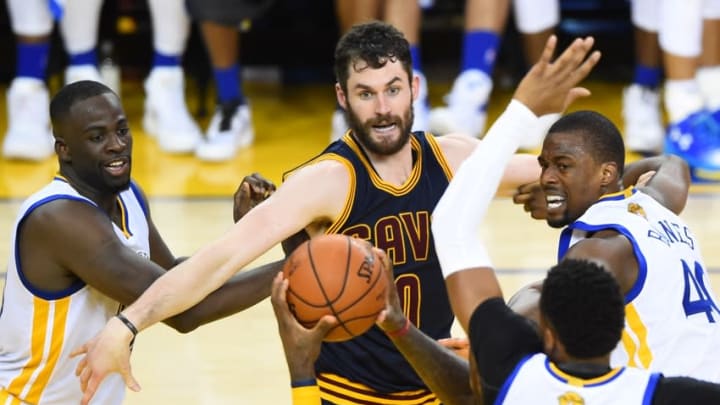 June 2, 2016; Oakland, CA, USA; Cleveland Cavaliers forward LeBron James (23) with the ball as forward Kevin Love (0) and Golden State Warriors forward Draymond Green (23) and guard Leandro Barbosa (19) and forward Harrison Barnes (40) look on in the second half in game one of the NBA Finals at Oracle Arena. Mandatory Credit: Bob Donnan-USA TODAY Sports