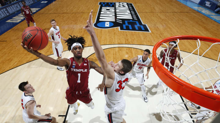 DAYTON, OHIO – MARCH 19: Quinton Rose #1 of the Temple Owls drives to the basket against Nick Muszynski #33 of the Belmont Bruins during the first half in the First Four of the 2019 NCAA Men’s Basketball Tournament at UD Arena on March 19, 2019 in Dayton, Ohio. (Photo by Joe Robbins/Getty Images)