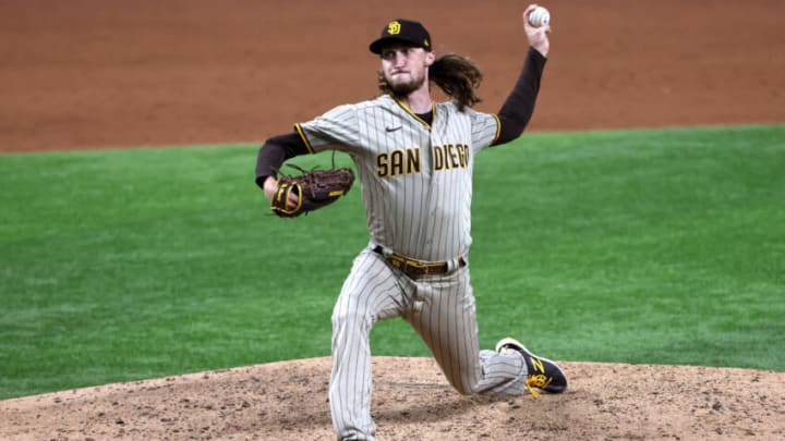 ARLINGTON, TEXAS - OCTOBER 06: Matt Strahm #55 of the San Diego Padres pitches against the Los Angeles Dodgers during the fifth inning of Game One of the National League Division Series at Globe Life Field on October 06, 2020 in Arlington, Texas. (Photo by Tom Pennington/Getty Images)