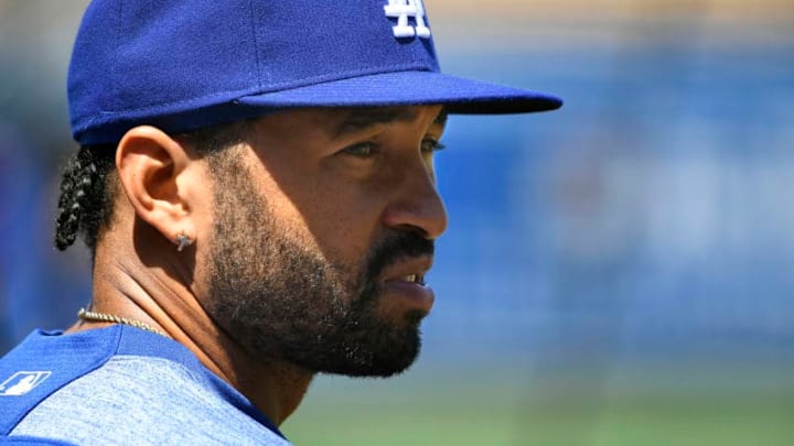 LOS ANGELES, CA - APRIL 22: Matt Kemp #27 of the Los Angeles Dodgers takes batting practice before playing the Washington Nationals at Dodger Stadium on April 22, 2018 in Los Angeles, California. (Photo by John McCoy/Getty Images) *** Local Caption *** Matt Kemp