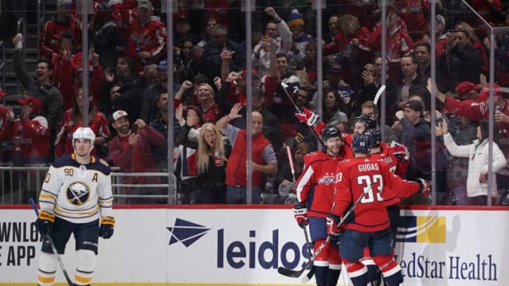 WASHINGTON, DC - NOVEMBER 01: Tom Wilson #43 of the Washington Capitals celebrates with his teammates after scoring a goal in the second period against the Buffalo Sabres at Capital One Arena on November 1, 2019 in Washington, DC. (Photo by Patrick McDermott/NHLI via Getty Images)