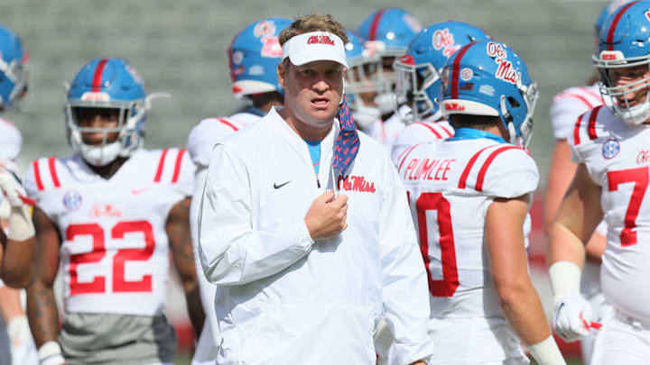 Oct 17, 2020; Fayetteville, Arkansas, USA; Ole Miss Rebels head coach Lane Kiffin prior to the game against the Arkansas Razorbacks at Donald W. Reynolds Razorback Stadium. Mandatory Credit: Nelson Chenault-USA TODAY Sports