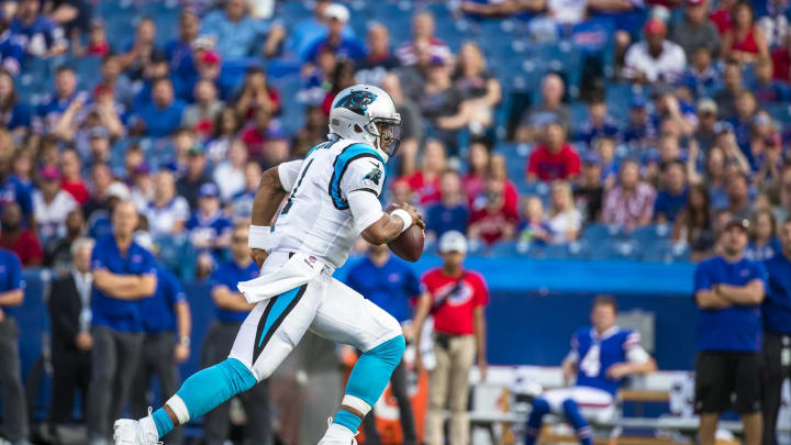 ORCHARD PARK, NY – AUGUST 09: Cam Newton #1 of the Carolina Panthers scrambles with the ball during the first half of a preseason game against the Buffalo Bills at New Era Field on August 9, 2018 in Orchard Park, New York. (Photo by Brett Carlsen/Getty Images)