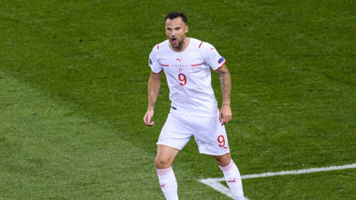 BUCHAREST, ROMANIA - JUNE 28: Haris Seferovic of Switzerland in action during the UEFA Euro 2020 Championship Round of 16 match between France and Switzerland at National Arena on June 28, 2021 in Bucharest, Romania. (Photo by Marcio Machado/Getty Images)