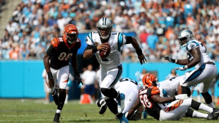CHARLOTTE, NC - SEPTEMBER 23: Cam Newton #1 of the Carolina Panthers runs the ball against the Cincinnati Bengals in the third quarter during their game at Bank of America Stadium on September 23, 2018 in Charlotte, North Carolina. (Photo by Streeter Lecka/Getty Images)