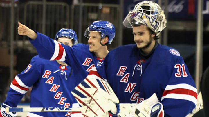 NEW YORK, NEW YORK - MAY 24: Ryan Strome #16 and Igor Shesterkin #31 of the New York Rangers celebrate their 4-1 victory over the Carolina Hurricanes in Game Four of the Second Round of the 2022 Stanley Cup Playoffs at Madison Square Garden on May 24, 2022 in New York City. (Photo by Bruce Bennett/Getty Images)