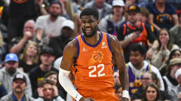 SALT LAKE CITY, UTAH - APRIL 08: Deandre Ayton #22 of the Phoenix Suns celebrates a basket during the second half of a game against the Utah Jazz at Vivint Smart Home Arena on April 08, 2022 in Salt Lake City, Utah. NOTE TO USER: User expressly acknowledges and agrees that, by downloading and or using this photograph, User is consenting to the terms and conditions of the Getty Images License Agreement. (Photo by Alex Goodlett/Getty Images)