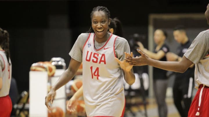 COLUMBIA, SC - FEBRUARY 10: Tina Charles of the 2018 USA Basketball Women's National Team shoots the ball during training camp at the University of South Carolina on February 10, 2018 in Columbia, South Carolinaq. NOTE TO USER: User expressly acknowledges and agrees that, by downloading and/or using this Photograph, user is consenting to the terms and conditions of the Getty Images License Agreement. Mandatory Copyright Notice: Copyright 2018 NBAE (Photo by Travis Bell/NBAE via Getty Images)