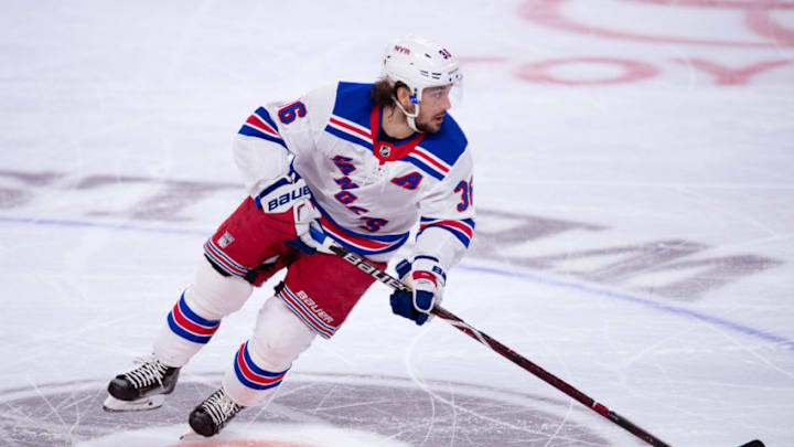 PHILADELPHIA, PA - APRIL 07: New York Rangers Right Wing Mats Zuccarello (36) carries the puck in the first period during the game between the New York Rangers and Philadelphia Flyers on April 07, 2018 at Wells Fargo Center in Philadelphia, PA. (Photo by Kyle Ross/Icon Sportswire via Getty Images)