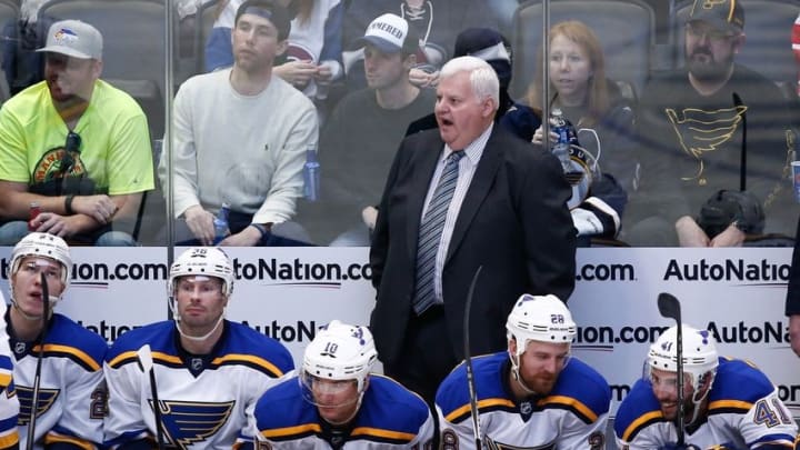 Apr 3, 2016; Denver, CO, USA; St. Louis Blues head coach Ken Hitchcock looks on in the second period against the Colorado Avalanche at the Pepsi Center. Mandatory Credit: Isaiah J. Downing-USA TODAY Sports