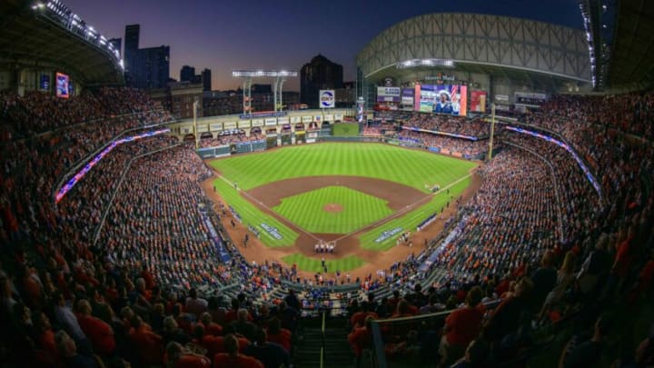 Oct 27, 2021; Houston, Texas, USA; A view of the ballpark and the field and the sunset during the playing of the national anthem before the game between the Houston Astros and the Atlanta Braves during game two of the 2021 World Series at Minute Maid Park. Mandatory Credit: Jerome Miron-USA TODAY Sports