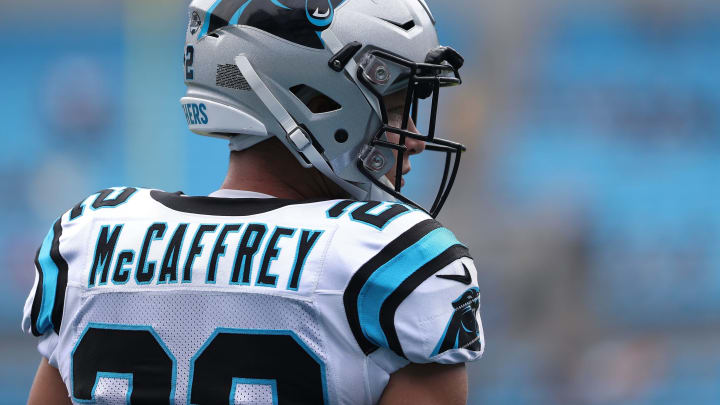 CHARLOTTE, NC – SEPTEMBER 23: Christian McCaffrey #22 of the Carolina Panthers warms up against the Cincinnati Bengals at Bank of America Stadium on September 23, 2018 in Charlotte, North Carolina. (Photo by Streeter Lecka/Getty Images)