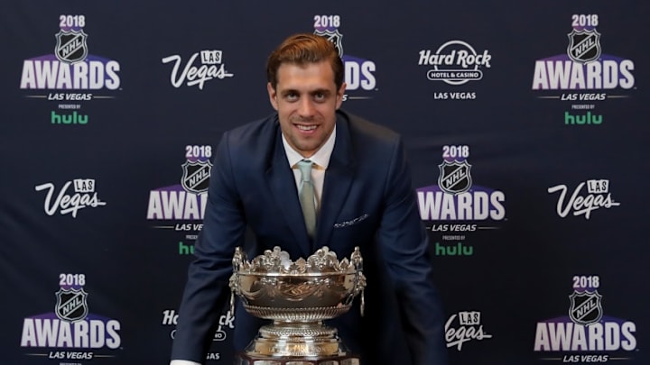 NHL DFS: LAS VEGAS, NV - JUNE 20: Anze Kopitar of the Los Angeles Kings poses with the Frank J. Selke trophy given to the top defensive forward in the press room at the 2018 NHL Awards presented by Hulu at the Hard Rock Hotel & Casino on June 20, 2018 in Las Vegas, Nevada. (Photo by Bruce Bennett/Getty Images)
