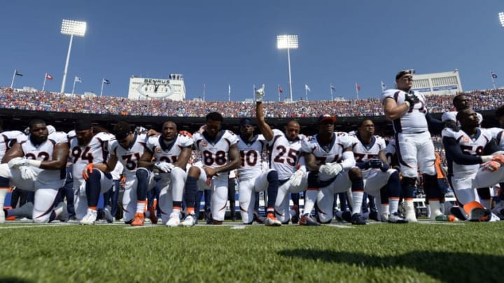 ORCHARD PARK, NY – SEPTEMBER 24: Denver Broncos team take a knee during the national anthem during their game against the Buffalo Bills on September 24, 2017 at New Era Field in Orchard Park, NY. (Photo by John Leyba/The Denver Post via Getty Images)
