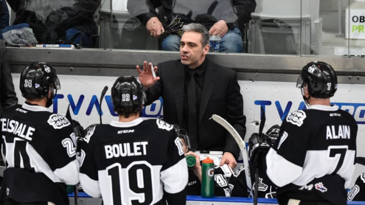 BOISBRIAND, QC - OCTOBER 27: Head coach of the Blainville-Boisbriand Armada Joel Bouchard regroups his team against the Drummondville Voltigeurs during the QMJHL game at Centre d'Excellence Sports Rousseau on October 27, 2017 in Boisbriand, Quebec, Canada. The Blainville-Boisbriand Armada defeated the Drummondville Voltigeurs 2-0. (Photo by Minas Panagiotakis/Getty Images)