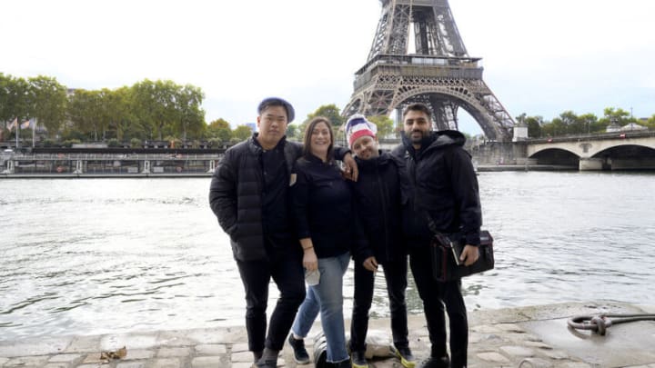 TOP CHEF -- "Champions in Paris" Episode 2013 -- Pictured: (l-r) Buddha Lo, Sara Bradley, Gabriel Rodriguez, Ali Al Ghzawi -- (Photo by: Fred Jagueneau/Bravo)