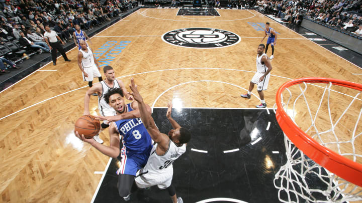 BROOKLYN, NY – OCTOBER 18: Jahlil Okafor #8 of the Philadelphia 76ers shoots the ball against the Brooklyn Nets during a preseason game on October 18, 2015 at Barclays Center in Brooklyn, New York. NOTE TO USER: User expressly acknowledges and agrees that, by downloading and or using this Photograph, user is consenting to the terms and conditions of the Getty Images License Agreement. Mandatory Copyright Notice: Copyright 2015 NBAE (Photo by Nathaniel S. Butler/NBAE via Getty Images)