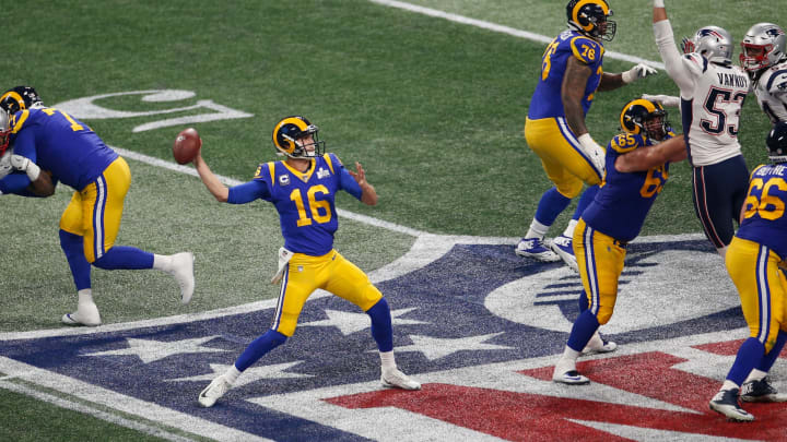 ATLANTA, GEORGIA – FEBRUARY 03: Jared Goff #16 of the Los Angeles Rams passes against the New England Patriots during Super Bowl LIII at Mercedes-Benz Stadium on February 03, 2019 in Atlanta, Georgia. (Photo by Michael Zagaris/Getty Images)