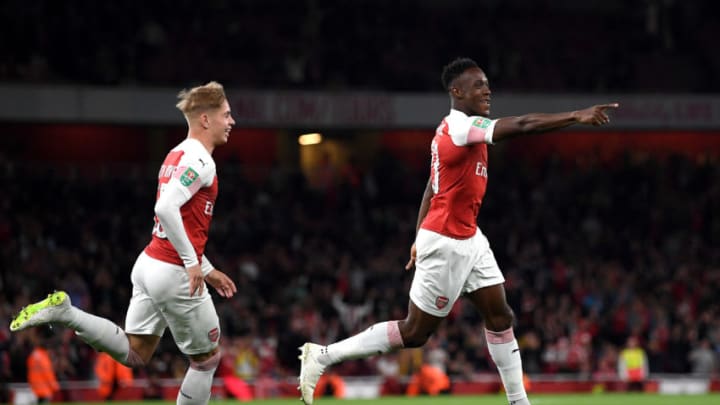 LONDON, ENGLAND - SEPTEMBER 26: Danny Welbeck of Arsenal celebrates after scoring his team's first goal during the Carabao Cup Third Round match between Arsenal and Brentford at Emirates Stadium on September 26, 2018 in London, England. (Photo by Shaun Botterill/Getty Images)