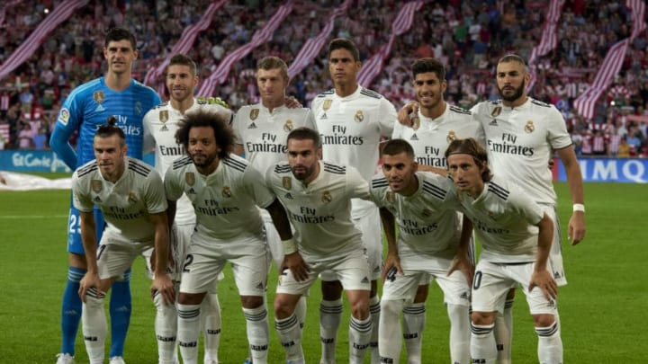 Line Up of Real Madrid (L-R) Thibaut Courtois, Sergio Ramos, Toni Kroos, Raphael Varane, Marco Asensio, Karim Benzema, Gareth Bale, Marcelo, Daniel Carvajal, Dani Ceballos, Luka Modric during the match between Athletic Club against Real Madrid at San Mames Stadium in Bilbao, Spain on September 15, 2018. (Photo by Jose Breton/NurPhoto via Getty Images)