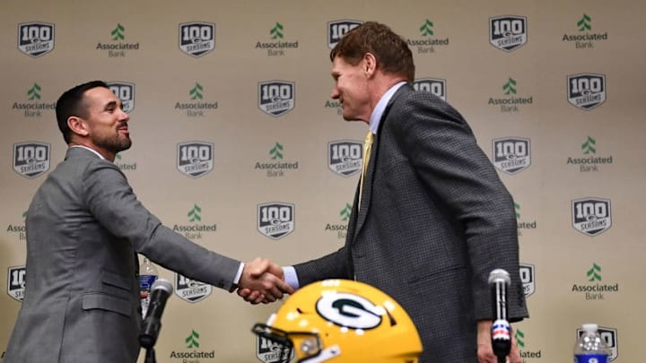 GREEN BAY, WISCONSIN - JANUARY 09: (L-R) Head coach Matt LaFleur shakes hands with President and CEO Mark Murphy of the Green Bay Packers following a press conference introducing Matt LaFleur as head coach at Lambeau Field on January 09, 2019 in Green Bay, Wisconsin. (Photo by Stacy Revere/Getty Images)