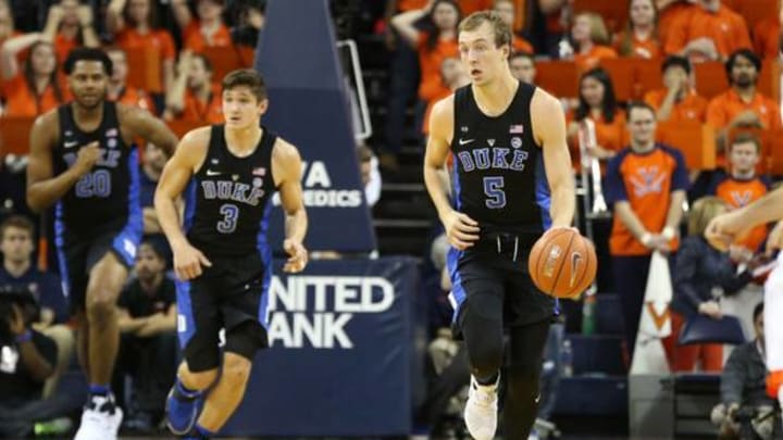 Feb 15, 2017; Charlottesville, VA, USA; Duke Blue Devils guard Luke Kennard (5) dribbles the ball against the Virginia Cavaliers at John Paul Jones Arena. Mandatory Credit: Geoff Burke-USA TODAY Sports