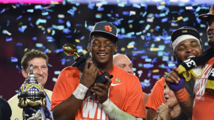 GLENDALE, AZ – DECEMBER 31: Clelin Ferrell #99 of the Clemson Tigers holds the Fiesta Bowl offensive MVP trophy after the Clemson Tigers beat the Ohio State Buckeyes 31-0 turnover win the 2016 PlayStation Fiesta Bowl at University of Phoenix Stadium on December 31, 2016 in Glendale, Arizona. (Photo by Norm Hall/Getty Images)