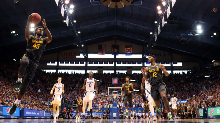 LAWRENCE, KANSAS – JANUARY 11: Davion Mitchell #45 of the Baylor Bears scores on a fast break during the game against the Kansas Jayhawks (Photo by Jamie Squire/Getty Images)