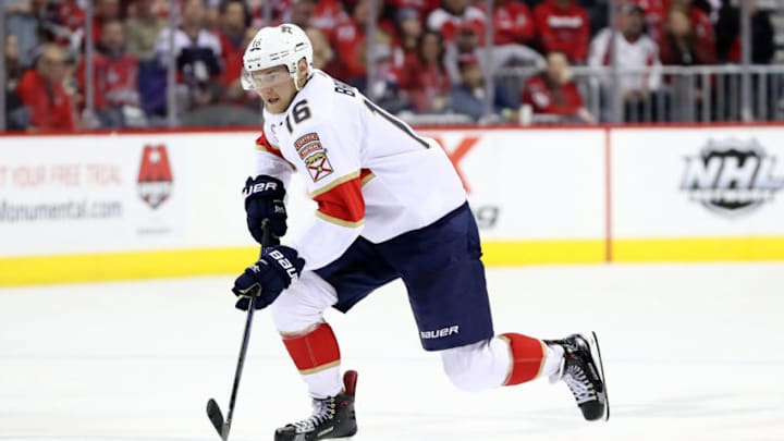 WASHINGTON, DC - FEBRUARY 09: Aleksander Barkov #16 of the Florida Panthers skates with the puck in the third period against the Washington Capitals at Capital One Arena on February 09, 2019 in Washington, DC. (Photo by Rob Carr/Getty Images)