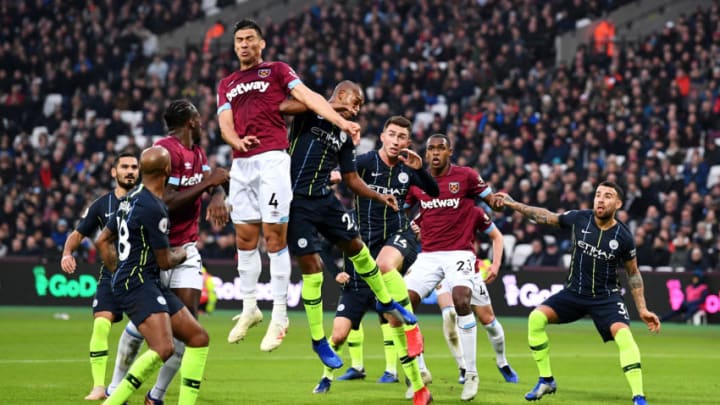 LONDON, ENGLAND - NOVEMBER 24: Fabian Balbuena of West Ham United wins a header during the Premier League match between West Ham United and Manchester City at London Stadium on November 24, 2018 in London, United Kingdom. (Photo by Justin Setterfield/Getty Images)