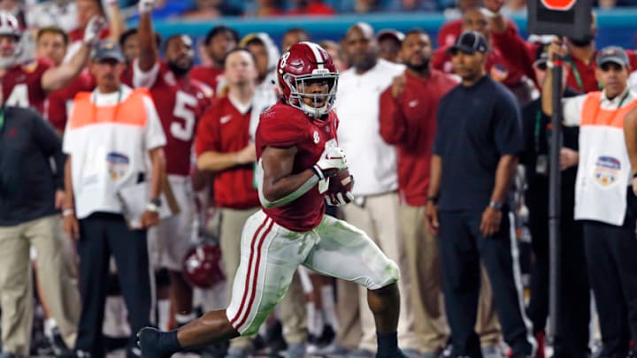 MIAMI GARDENS, FL - DECEMBER 29: Josh Jacobs #8 of the Alabama Crimson Tide runs with the ball against the Oklahoma Sooners during the College Football Playoff Semifinal at the Capital One Orange Bowl at Hard Rock Stadium on December 29, 2018 in Miami Gardens, Florida. (Photo by Joel Auerbach/Getty Images)