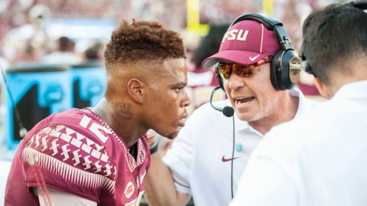 TALLAHASSEE, FL - OCTOBER 01: Head coach of the Florida State Seminoles Jimbo Fisher talks to Deondre Francois #12 of the Florida State Seminoles during the game against the North Carolina Tar Heels at Doak Campbell Stadium on October 1, 2016 in Tallahassee, Florida. (Photo by Jeff Gammons/Getty Images)
