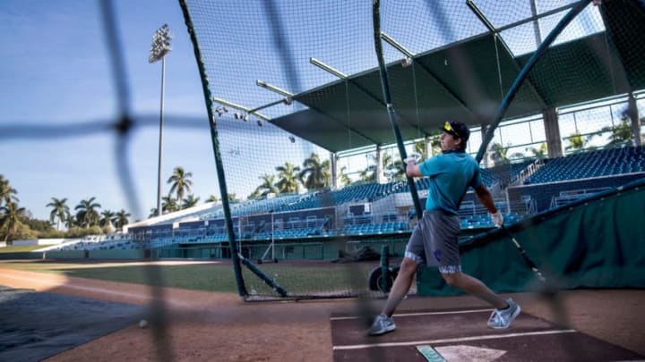 Carter Cunningham, a member of the Florida SouthWestern State College baseball team practices at City of Palms Park in Fort Myers on Thursday, January 21, 2021.Fsw Baseball0037