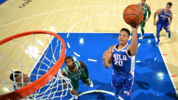 PHILADELPHIA, PA – OCTOBER 20: Markelle Fultz #20 of the Philadelphia 76ers shoots the ball against the Boston Celtics during the game on October 20, 2017 at Wells Fargo Center in Philadelphia, Pennsylvania. NOTE TO USER: User expressly acknowledges and agrees that, by downloading and or using this photograph, User is consenting to the terms and conditions of the Getty Images License Agreement. Mandatory Copyright Notice: Copyright 2017 NBAE (Photo by Jesse D. Garrabrant/NBAE via Getty Images)